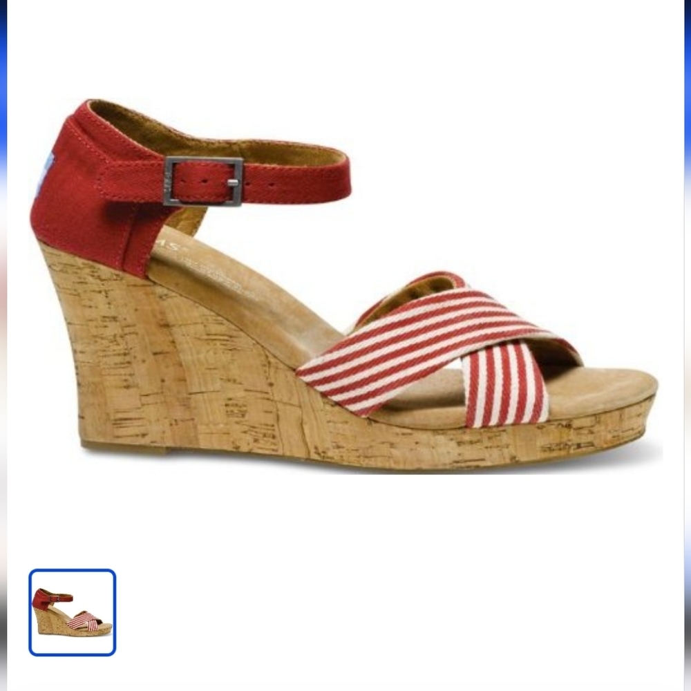TOMS UNIVERSITY STRIPE CORK WEDGE SANDALS SZ 10